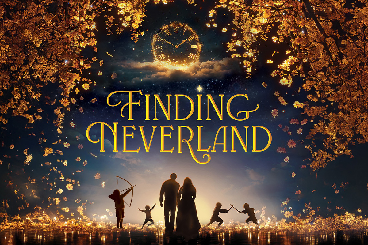 The title Finding Neverland appears in bold silver letters against a dark blue starry background, illuminated by a soft spotlight that creates a theatrical, Broadway-inspired atmosphere.