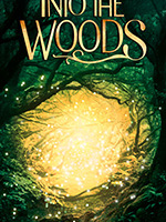 The title Into The Woods appears in bold silver letters against a dark blue starry background, illuminated by a soft spotlight that creates a theatrical, Broadway-inspired atmosphere.