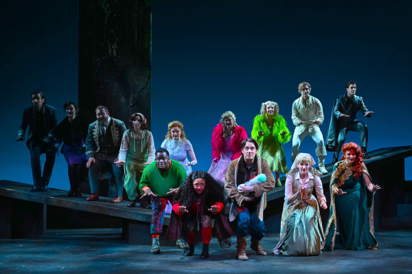In Into the Woods at St. Jacobs Country Playhouse, the ensemble fills a series of sloped platforms across the stage in a large group number. Performers wear an eclectic mix of colourful fairy-tale costumes, including bright green and pink garments, elegant gowns, formal coats, rustic clothing, and boots. Several crouch or reach forward toward the audience, while one performer at centre holds a bundled infant. Cool blue lighting silhouettes the ensemble against the dark forest set, creating a dramatic final tableau.