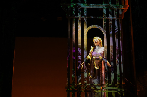 In Into the Woods at St. Jacobs Country Playhouse, Rapunzel stands high inside a tall, open tower structure, framed by a rounded archway. Wearing a pale lavender dress with long braided hair draped over the railing, the performer appears to sing beneath a focused golden spotlight. Colourful forest-like projections pattern the tower while the surrounding stage remains dark.