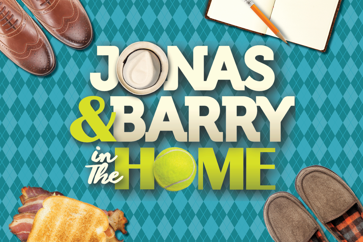 The title Jonas and Barry in the Home appears in bold silver letters against a dark blue starry background, illuminated by a soft spotlight that creates a theatrical, Broadway-inspired atmosphere.
