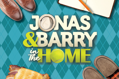 The title Jonas and Barry in the Home appears in bold silver letters against a dark blue starry background, illuminated by a soft spotlight that creates a theatrical, Broadway-inspired atmosphere.