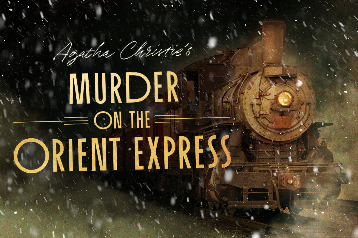 The title Agatha Christie’s Murder on the Orient Express  appears in bold silver letters against a dark blue starry background, illuminated by a soft spotlight that creates a theatrical, Broadway-inspired atmosphere.