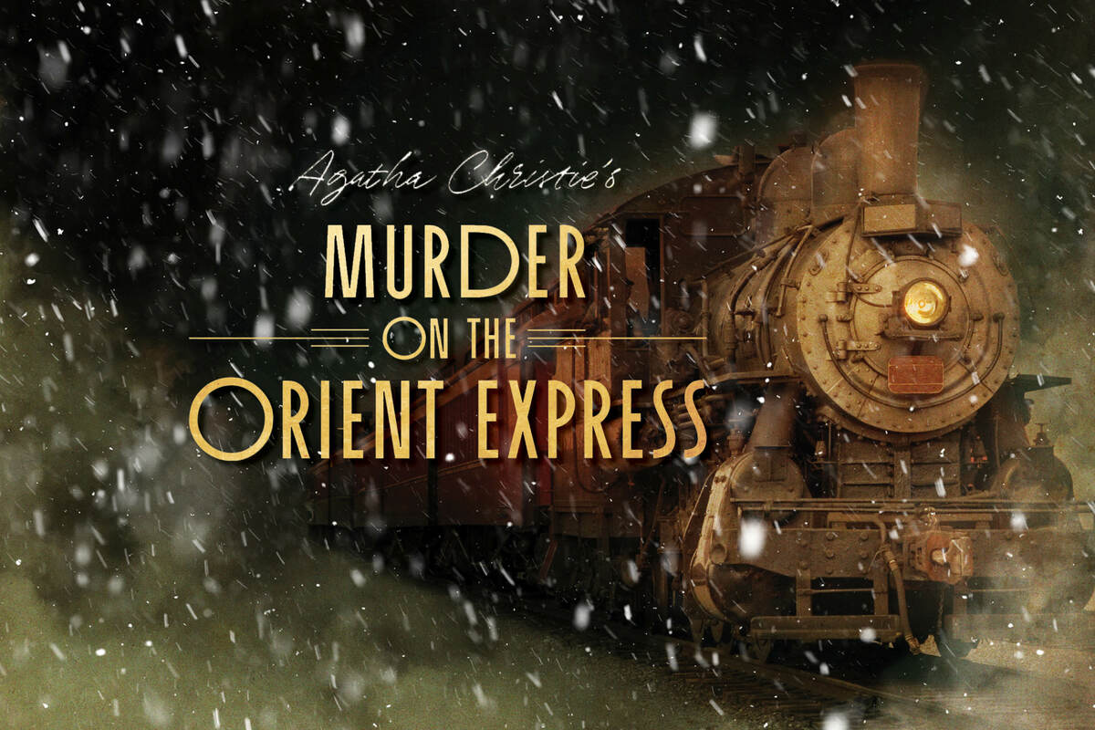 The title Agatha Christie’s Murder on the Orient Express  appears in bold silver letters against a dark blue starry background, illuminated by a soft spotlight that creates a theatrical, Broadway-inspired atmosphere.