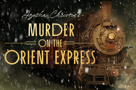 The title Agatha Christie’s Murder on the Orient Express  appears in bold silver letters against a dark blue starry background, illuminated by a soft spotlight that creates a theatrical, Broadway-inspired atmosphere.