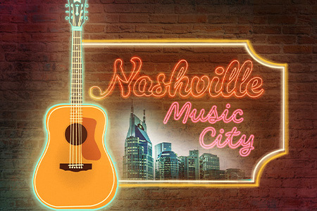 The title Nashville Music City appears in bold silver letters against a dark blue starry background, illuminated by a soft spotlight that creates a theatrical, Broadway-inspired atmosphere.