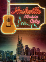 The title Nashville Music City appears in bold silver letters against a dark blue starry background, illuminated by a soft spotlight that creates a theatrical, Broadway-inspired atmosphere.
