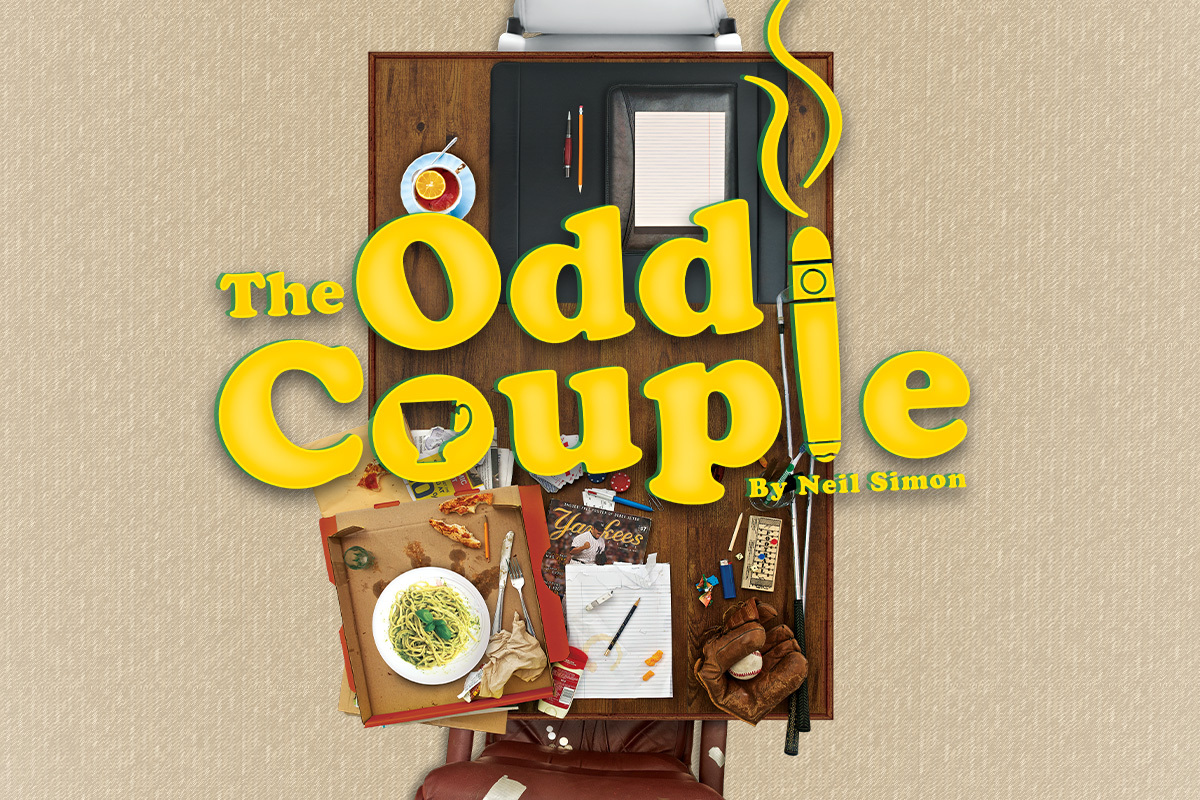 The title The Odd Couple appears in bold silver letters against a dark blue starry background, illuminated by a soft spotlight that creates a theatrical, Broadway-inspired atmosphere.