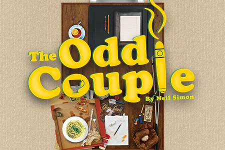 The title The Odd Couple appears in bold silver letters against a dark blue starry background, illuminated by a soft spotlight that creates a theatrical, Broadway-inspired atmosphere.