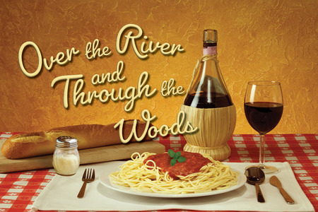 The title Over the River and Through the Woods  appears in bold silver letters against a dark blue starry background, illuminated by a soft spotlight that creates a theatrical, Broadway-inspired atmosphere.