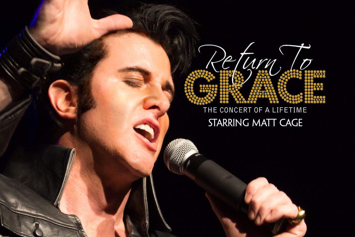 The title Return to Grace appears in bold silver letters against a dark blue starry background, illuminated by a soft spotlight that creates a theatrical, Broadway-inspired atmosphere.