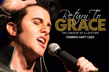 The title Return to Grace appears in bold silver letters against a dark blue starry background, illuminated by a soft spotlight that creates a theatrical, Broadway-inspired atmosphere.