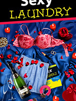 The title Sexy Laundry appears in bold silver letters against a dark blue starry background, illuminated by a soft spotlight that creates a theatrical, Broadway-inspired atmosphere.