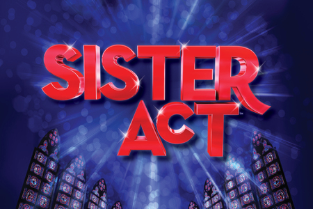 The title Sister Act appears in bold silver letters against a dark blue starry background, illuminated by a soft spotlight that creates a theatrical, Broadway-inspired atmosphere.