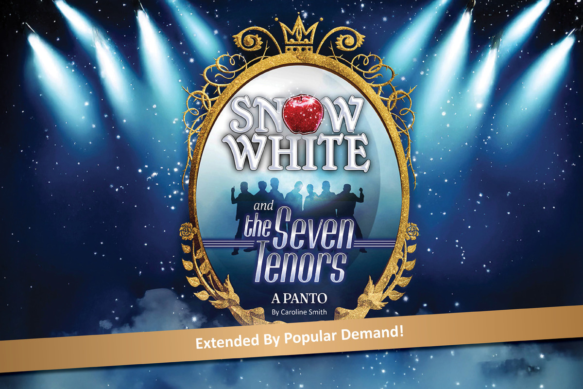 Snow White and the Seven Tenors: A Panto appears in bold silver letters against a dark blue starry background, illuminated by a soft spotlight that creates a theatrical, Broadway-inspired atmosphere.