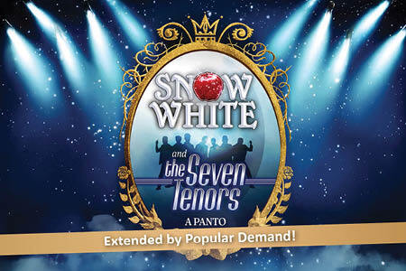 Snow White and the Seven Tenors: A Panto appears in bold silver letters against a dark blue starry background, illuminated by a soft spotlight that creates a theatrical, Broadway-inspired atmosphere.