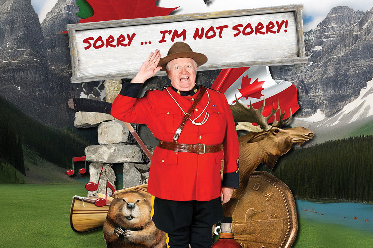 Sorry...I'm not sorry! appears in bold silver letters against a dark blue starry background, illuminated by a soft spotlight that creates a theatrical, Broadway-inspired atmosphere.