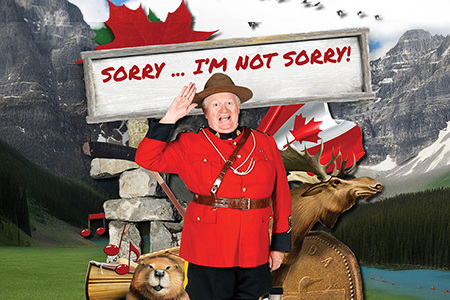 Sorry...I'm not sorry! appears in bold silver letters against a dark blue starry background, illuminated by a soft spotlight that creates a theatrical, Broadway-inspired atmosphere.