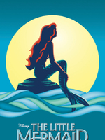 Disney's Little Mermaid appears in bold silver letters against a dark blue starry background, illuminated by a soft spotlight that creates a theatrical, Broadway-inspired atmosphere.