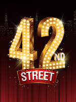 42nd Street appears in bold silver letters against a dark blue starry background, illuminated by a soft spotlight that creates a theatrical, Broadway-inspired atmosphere.