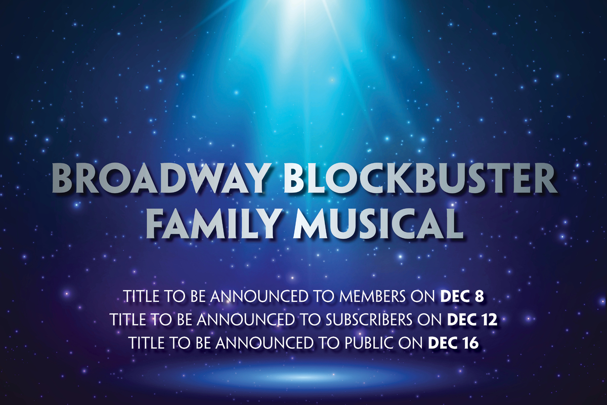Blockbuster Broadway Musical appears in bold silver letters against a dark blue starry background, illuminated by a soft spotlight that creates a theatrical, Broadway-inspired atmosphere.