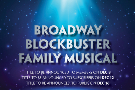 Blockbuster Broadway Musical appears in bold silver letters against a dark blue starry background, illuminated by a soft spotlight that creates a theatrical, Broadway-inspired atmosphere.