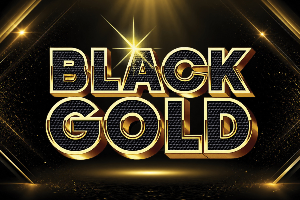 Promotional graphic featuring the words “BLACK GOLD” in large, bold black lettering with metallic gold trim. The title is set against a dramatic black background with gold spotlights, sparkling accents, and a glowing gold stage-like floor, creating a