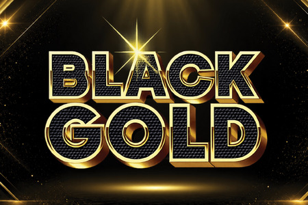 Promotional graphic featuring the words “BLACK GOLD” in large, bold black lettering with metallic gold trim. The title is set against a dramatic black background with gold spotlights, sparkling accents, and a glowing gold stage-like floor, creating a