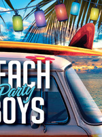 Promotional artwork for Beach Party Boys featuring the front of a vintage beach van parked beside the ocean at sunset. A surfboard is strapped to the roof beneath colourful hanging lanterns and palm fronds, while the title 