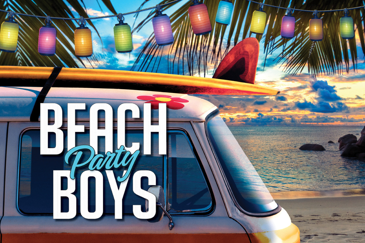 Promotional artwork for Beach Party Boys featuring the front of a vintage beach van parked beside the ocean at sunset. A surfboard is strapped to the roof beneath colourful hanging lanterns and palm fronds, while the title 
