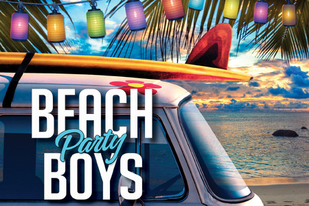 Promotional artwork for Beach Party Boys featuring the front of a vintage beach van parked beside the ocean at sunset. A surfboard is strapped to the roof beneath colourful hanging lanterns and palm fronds, while the title 