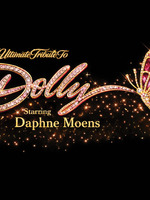 Promotional artwork for The Ultimate Tribute to Dolly starring Daphne Moens. The word “Dolly” appears in large script styled with sparkling pink gemstones, accompanied by a jewel-encrusted pink butterfly. Gold text reads “The Ultimate Tribute To” abo