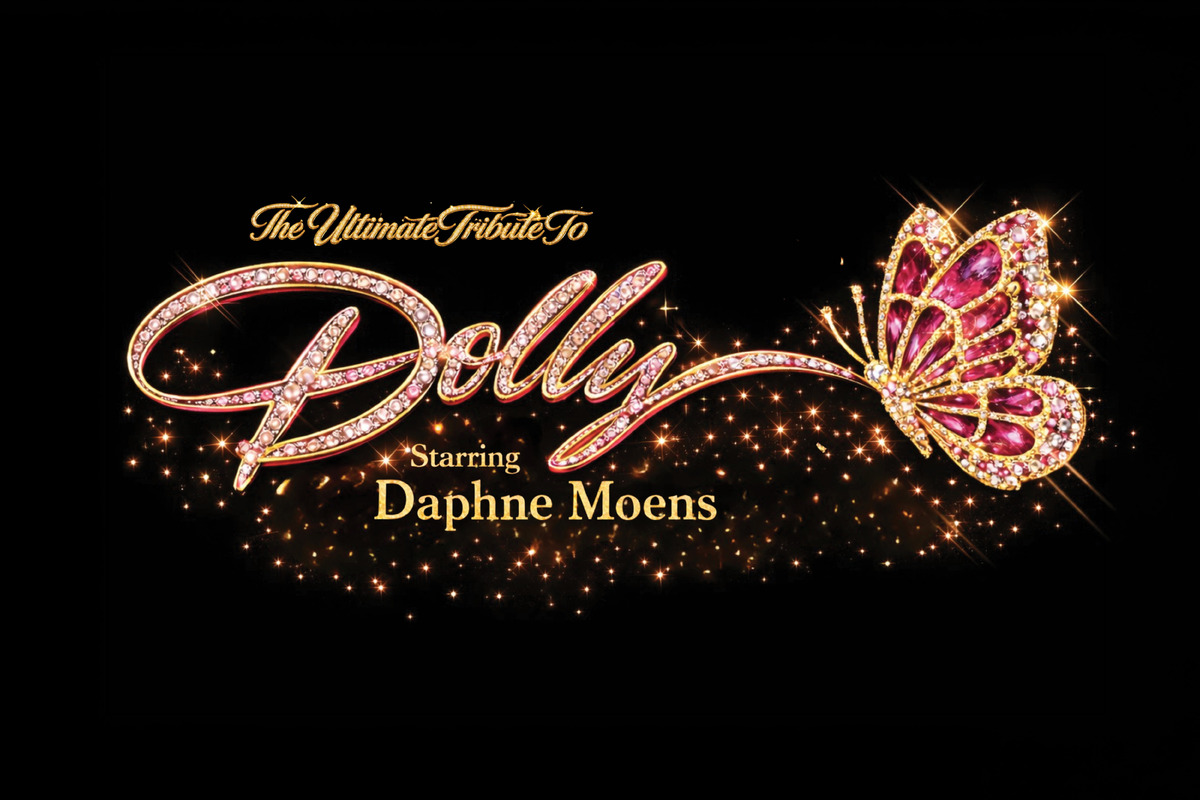 Promotional artwork for The Ultimate Tribute to Dolly starring Daphne Moens. The word “Dolly” appears in large script styled with sparkling pink gemstones, accompanied by a jewel-encrusted pink butterfly. Gold text reads “The Ultimate Tribute To” abo
