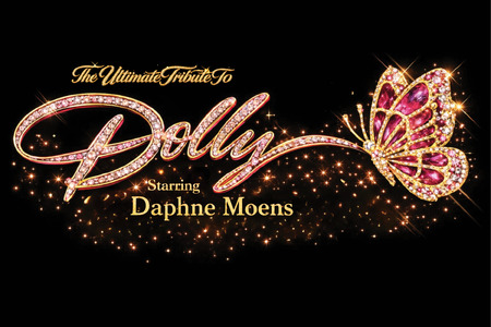 Promotional artwork for The Ultimate Tribute to Dolly starring Daphne Moens. The word “Dolly” appears in large script styled with sparkling pink gemstones, accompanied by a jewel-encrusted pink butterfly. Gold text reads “The Ultimate Tribute To” abo