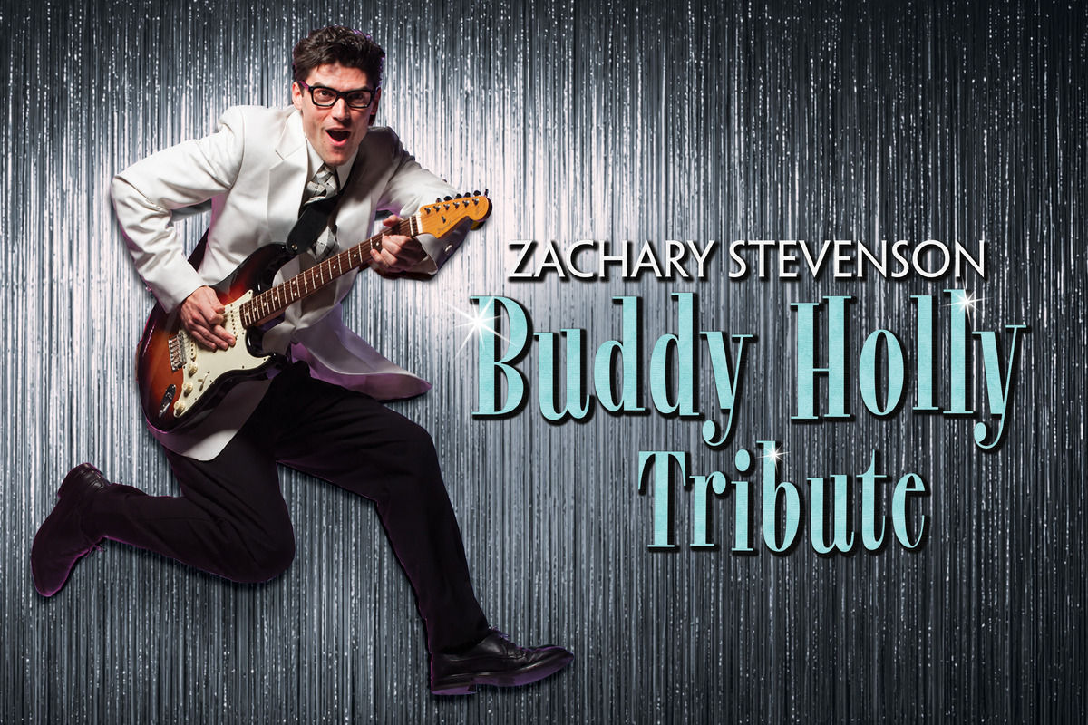 Promotional artwork for Zachary Stevenson’s Buddy Holly Tribute. Zachary Stevenson is pictured mid-jump in a white dinner jacket, black trousers, black-framed glasses, and tie while playing a sunburst electric guitar. He smiles with an energetic perf