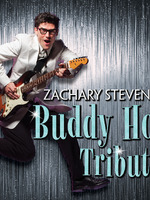 Promotional artwork for Zachary Stevenson’s Buddy Holly Tribute. Zachary Stevenson is pictured mid-jump in a white dinner jacket, black trousers, black-framed glasses, and tie while playing a sunburst electric guitar. He smiles with an energetic perf