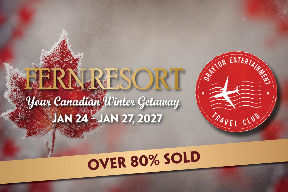 Promotional graphic for Fern Resort featuring a frosted red maple leaf, the text “Fern Resort – Your Canadian Winter Getaway,” dates “Jan 24–Jan 27, 2027,” and the Drayton Entertainment Travel Club logo.