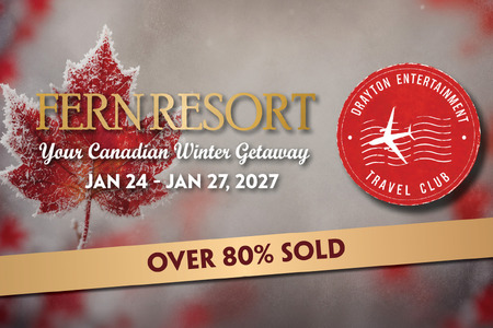 Promotional graphic for Fern Resort featuring a frosted red maple leaf, the text “Fern Resort – Your Canadian Winter Getaway,” dates “Jan 24–Jan 27, 2027,” and the Drayton Entertainment Travel Club logo.