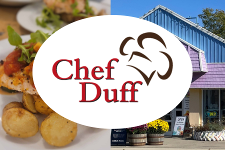 Collage-style image showing a plated dish of roasted potatoes and a chicken entrée on the left, the Chef Duff logo centered in a white oval, and the exterior of the Chef Duff storefront with flowers and an ‘Open Now’ sign on the right.