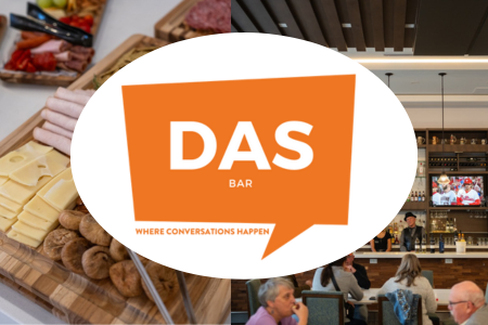A composite image featuring a logo for 'DAS BAR' in an orange speech bubble with the tagline 'Where Conversations Happen.' Behind the logo, two photos are visible: one showing a charcuterie board with cheese, crackers, and meats, and another depictin