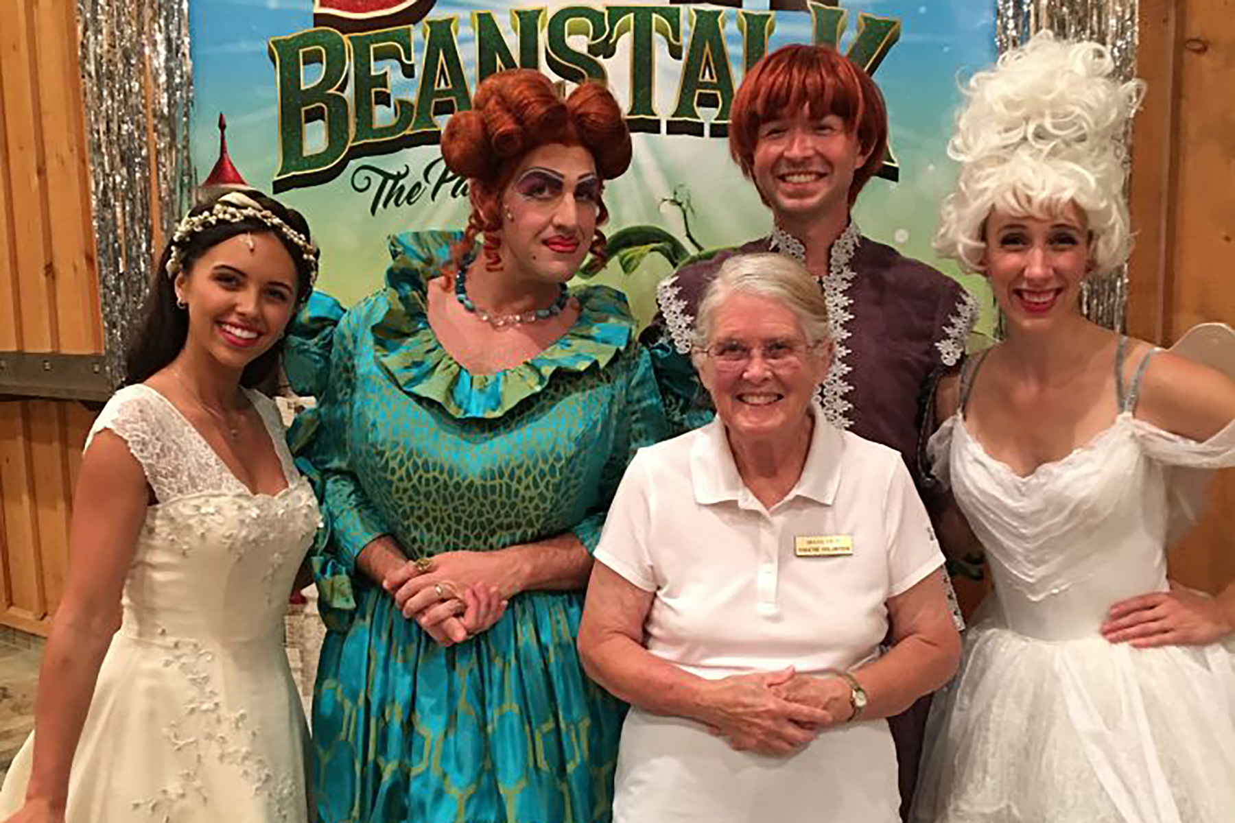 Drayton Entertainment volunteer Marilyn Pollard with some of the Company of Jack and the Beanstalk - The Panto