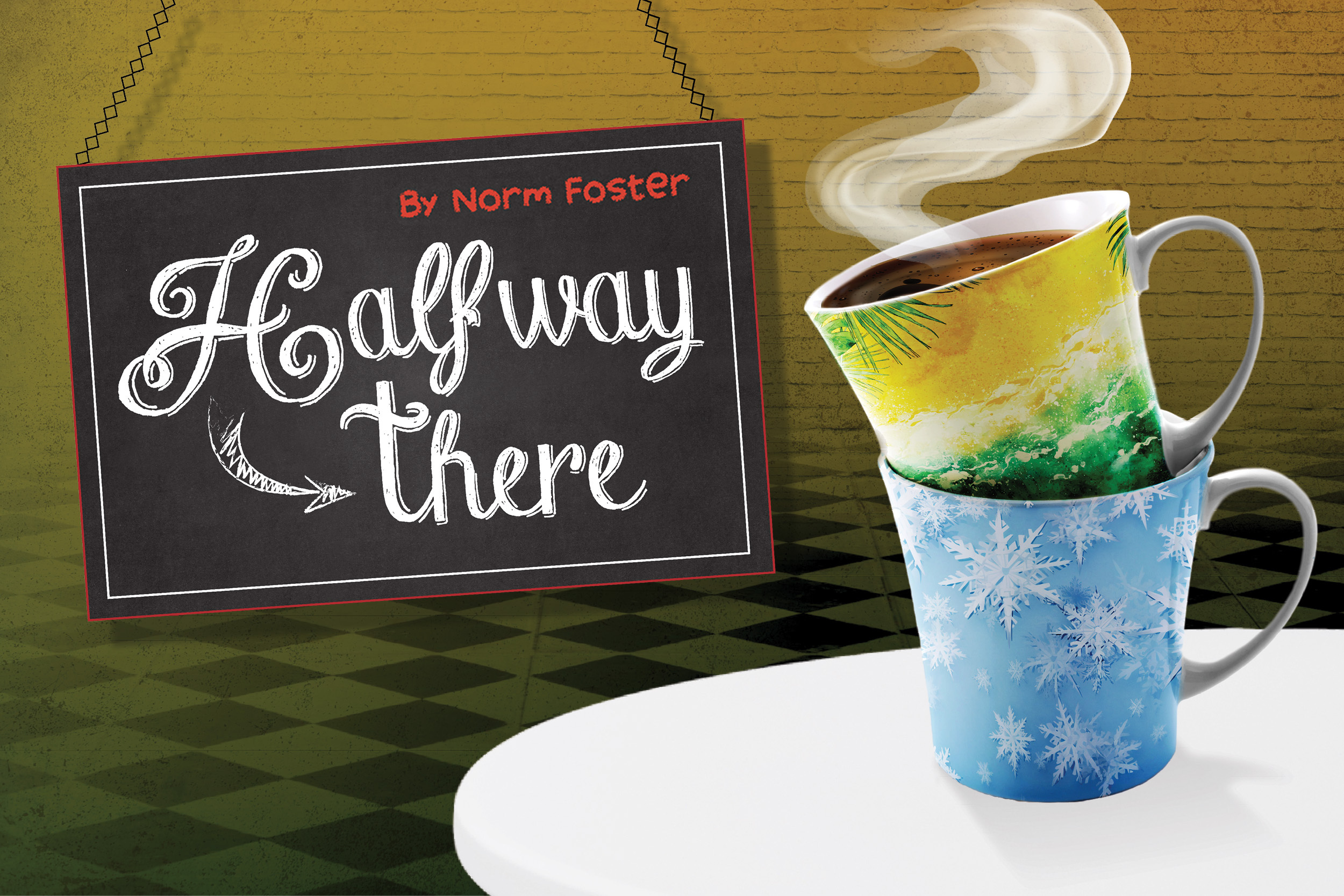 This promotional image for Halfway There features the title in bold, white letters against a sparkling bokeh background. The backdrop transitions from warm golden tones at the top to cool blue hues at the bottom, creating a vibrant and lively atmosphere